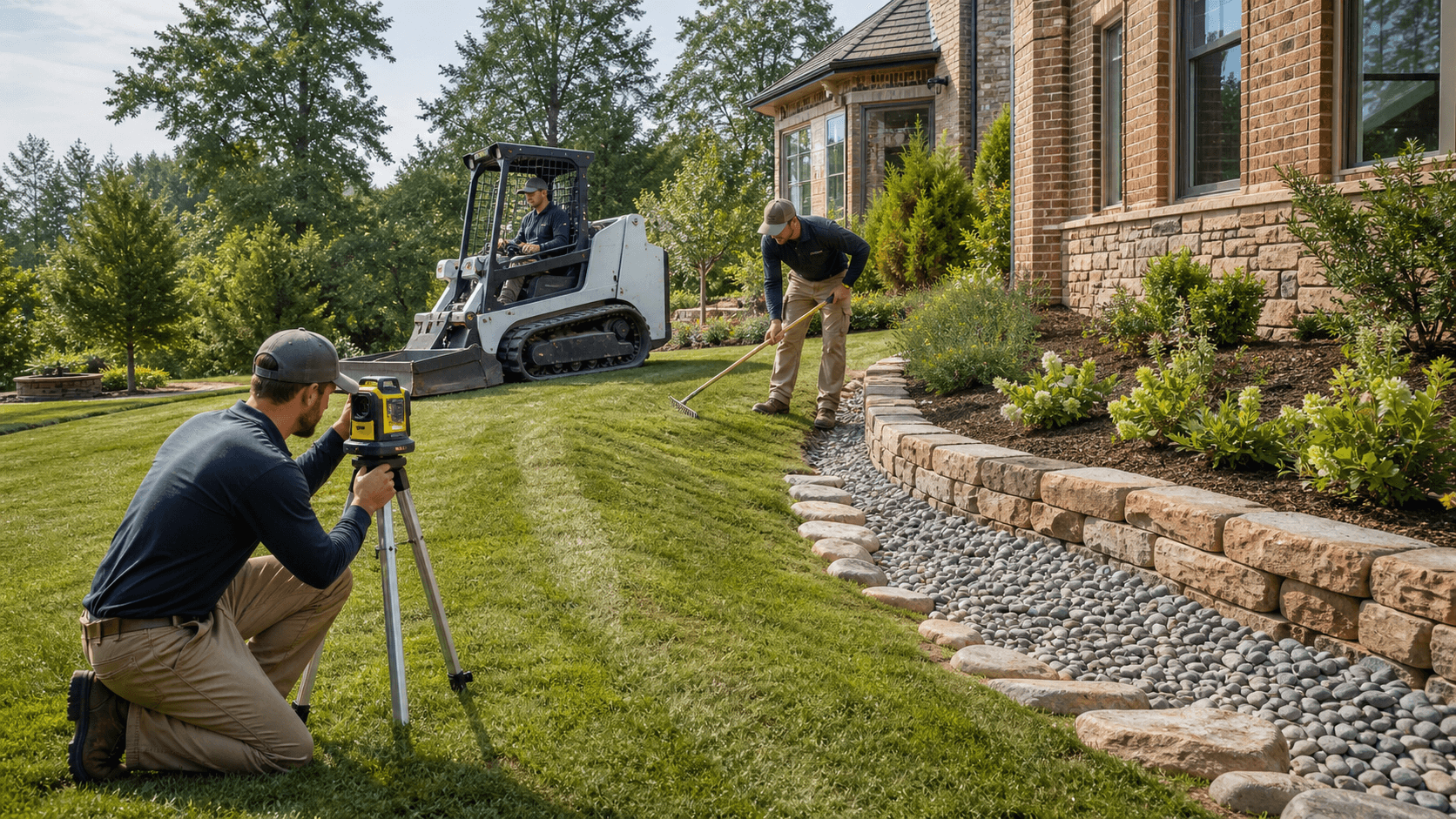 Sloped green lawn graded away from a brick home foundation under a bright blue sky.