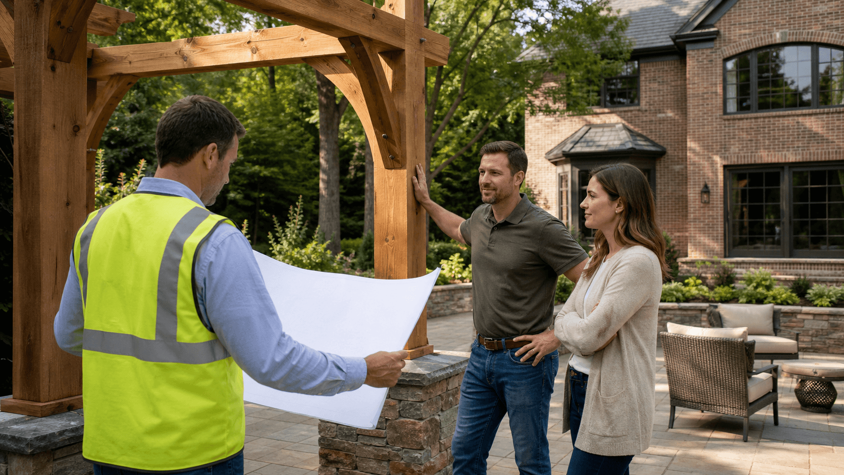 Engineer in safety vest reviews plans beside a timber pavilion frame under a bright blue sky.