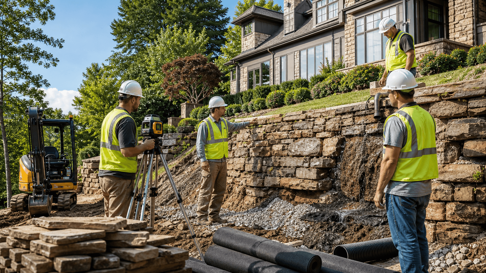 Stone retaining wall with visible cracks on a sloped yard, sunlit suburban homes and trees in the background