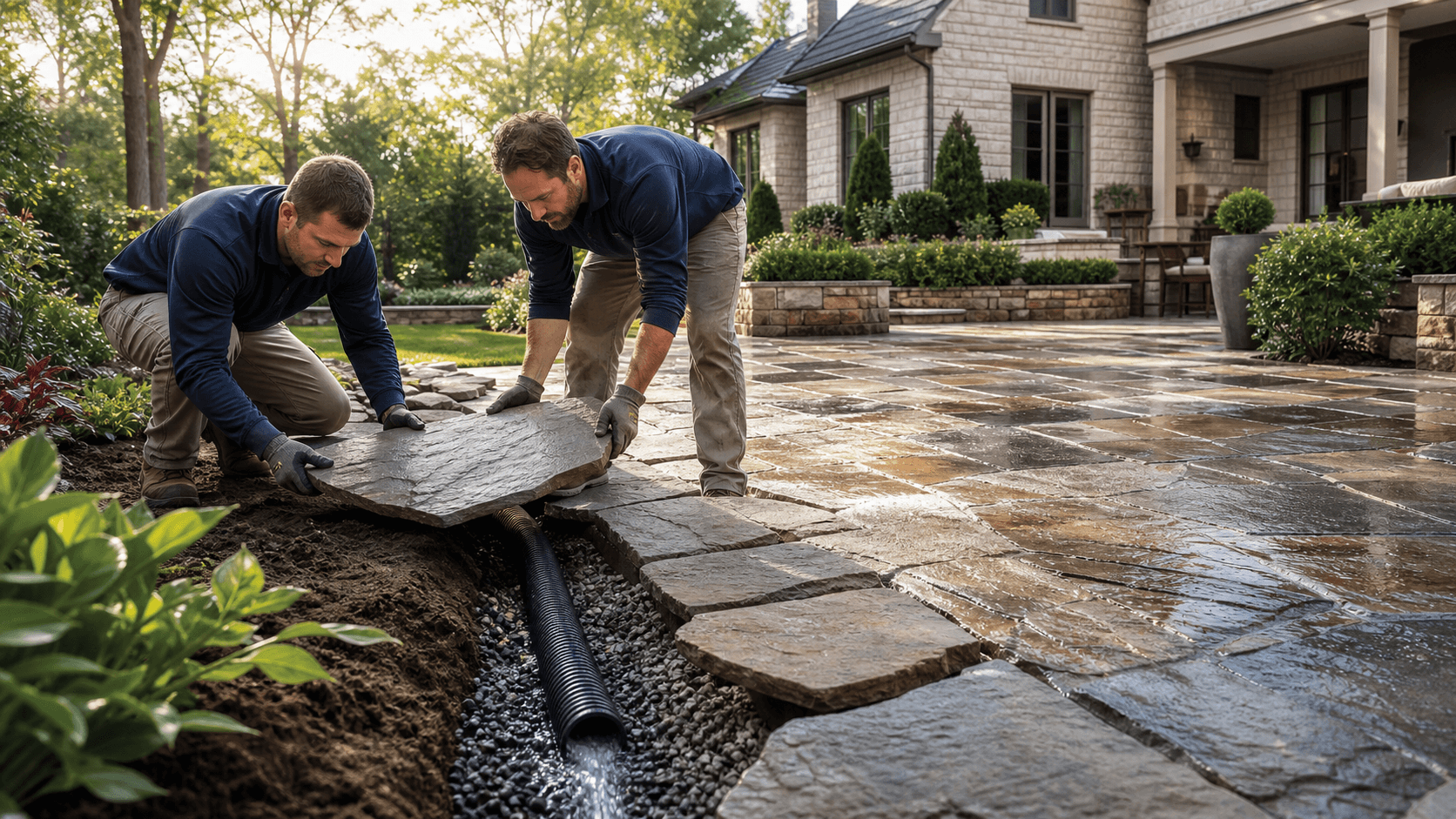 Sunlit flagstone patio with integrated drainage channels, bordered by lush green shrubs and a stone retaining wall.