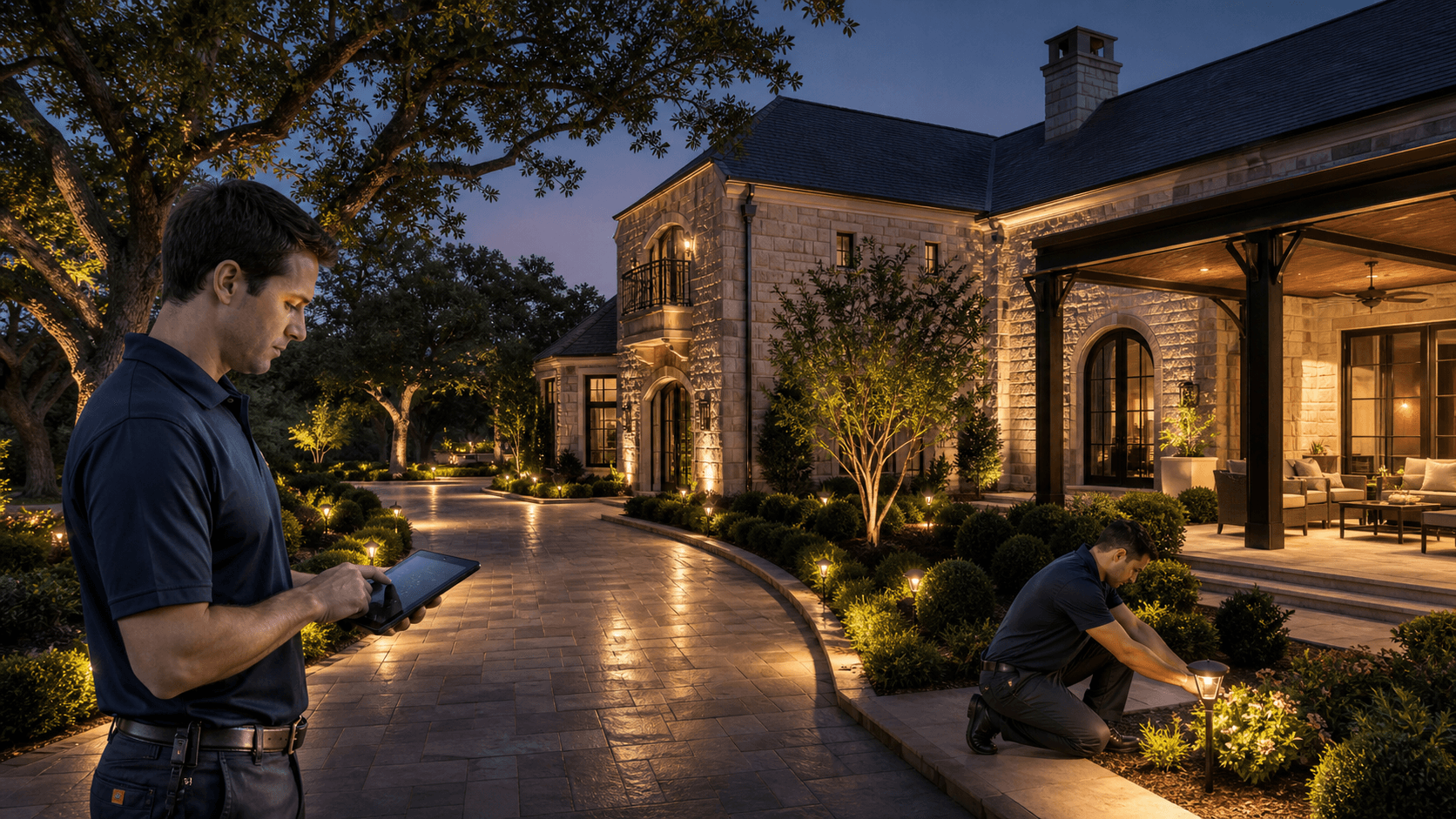 Modern estate at dusk with glowing path lights and warm uplighting on trees beside a large brick home